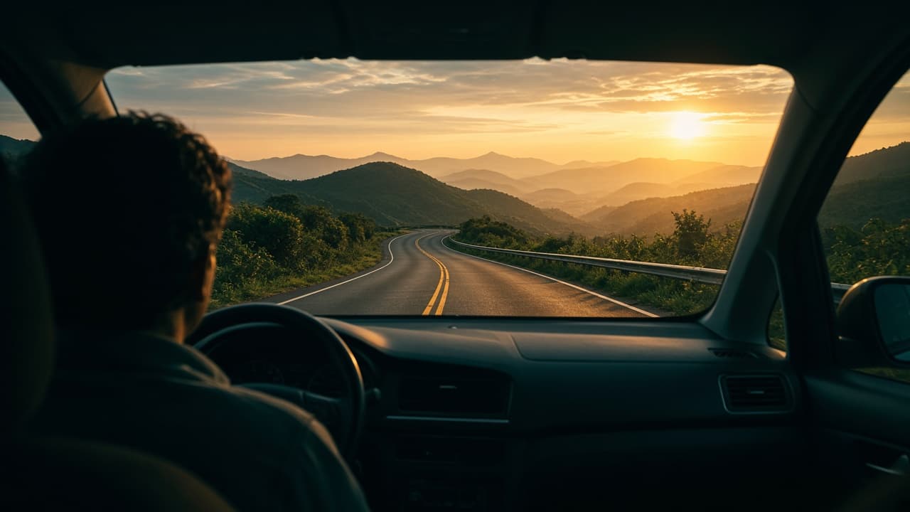 View through a car windscreen of an open Sri Lankan road at sunrise
