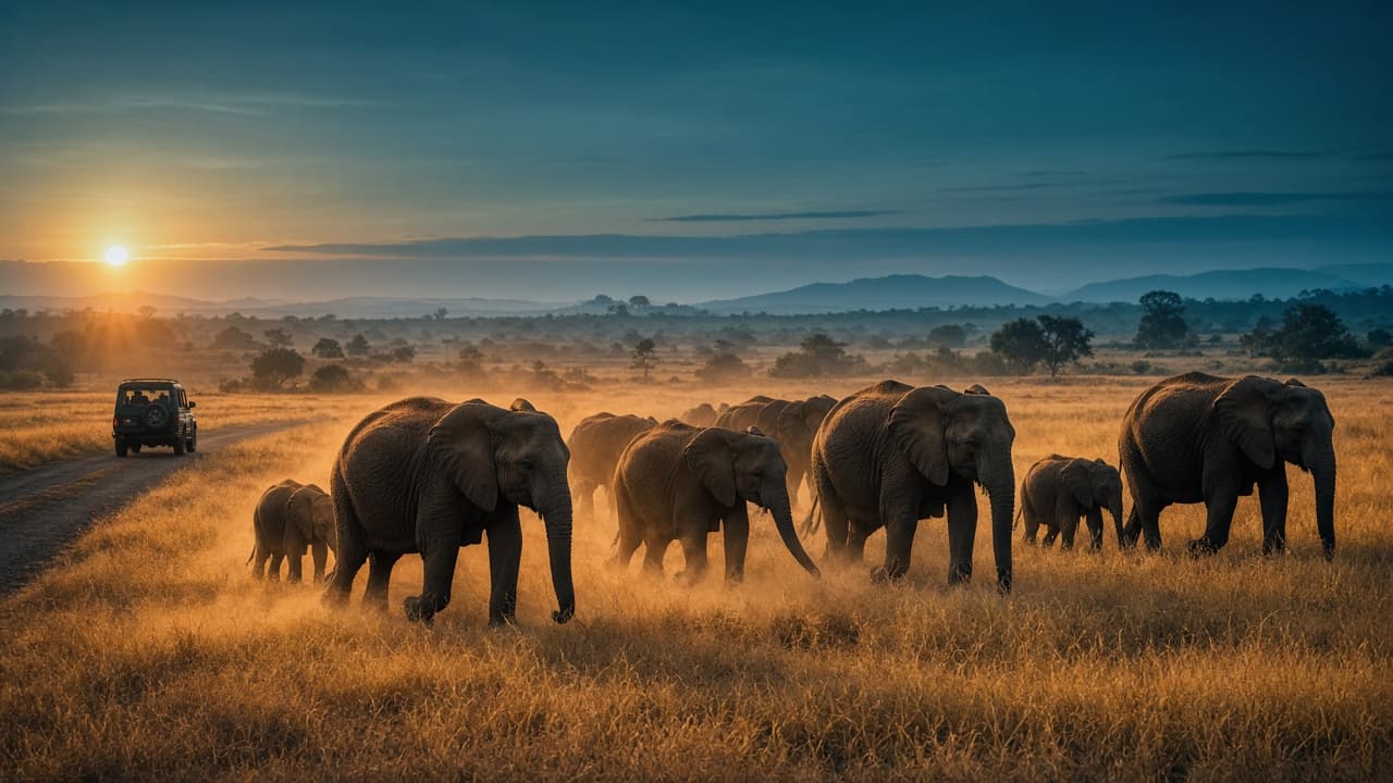 Safari jeep watching elephants on an open plain in a Sri Lankan national park