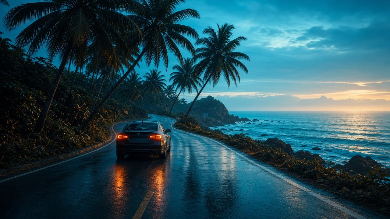 Coastal road tracing the Sri Lankan shoreline at dusk