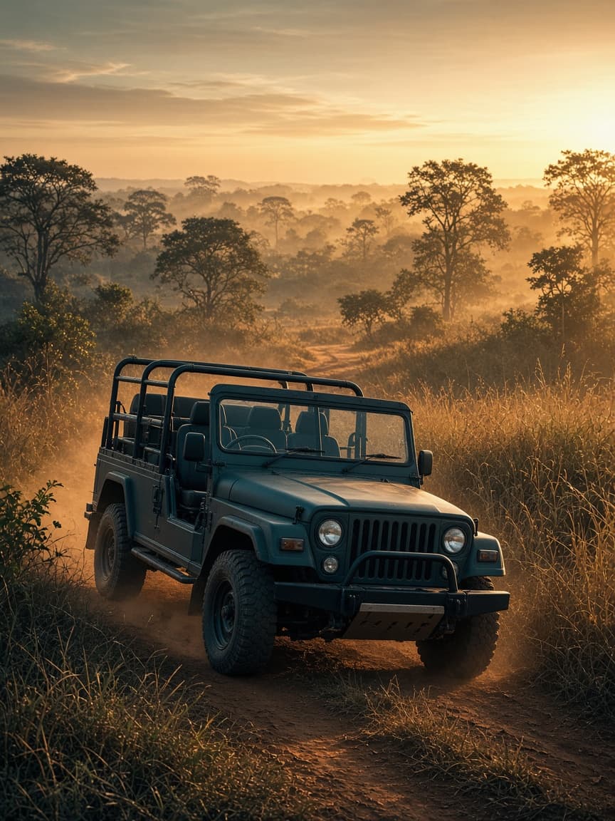Safari jeep on a dirt track in a Sri Lankan national park at golden hour