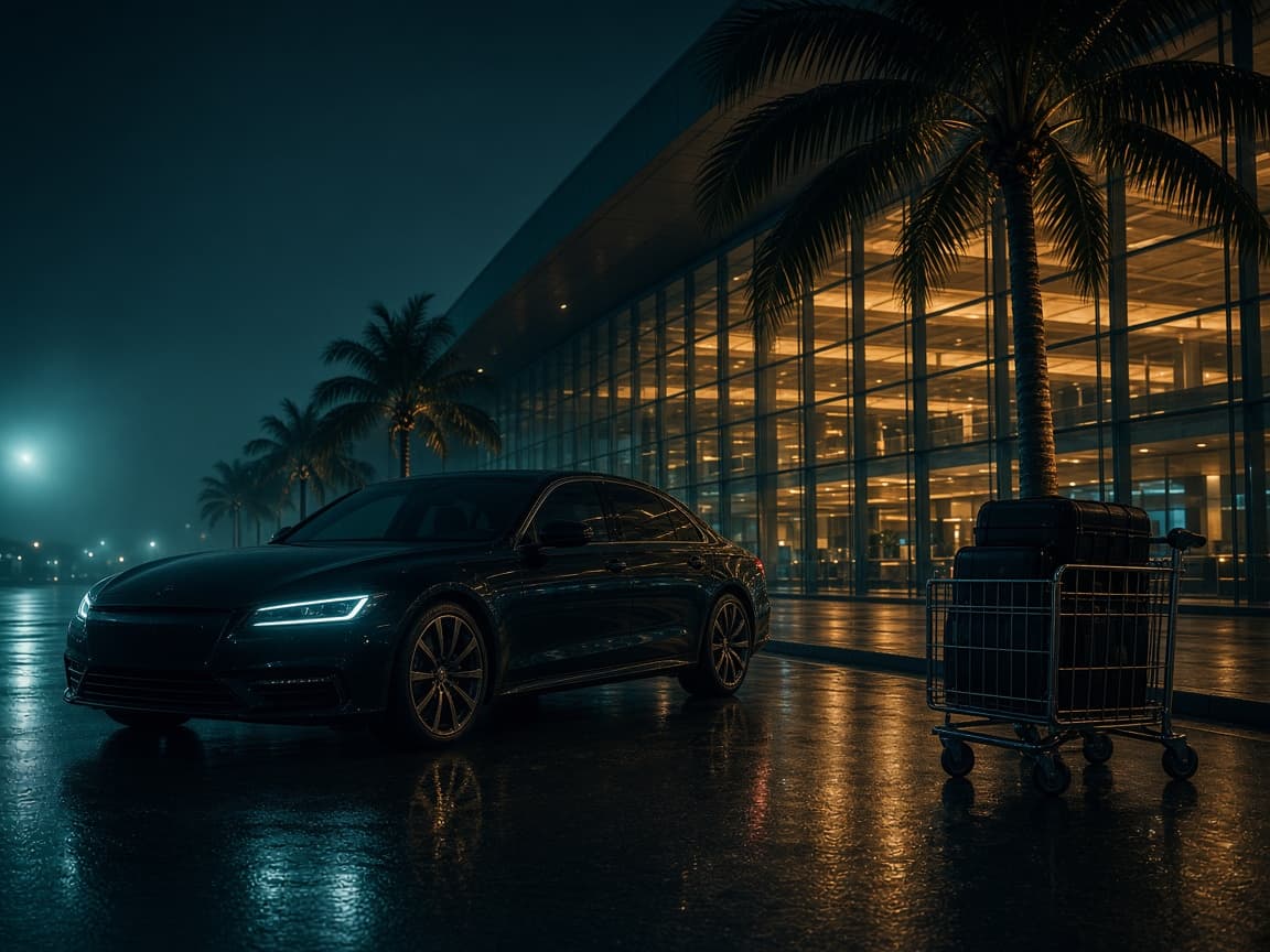 Private car waiting outside Colombo airport arrivals at dusk