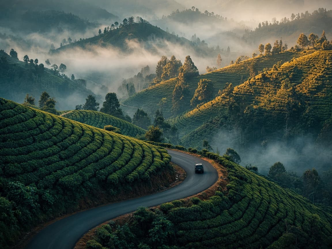 Winding coastal road tracing the Sri Lankan shoreline