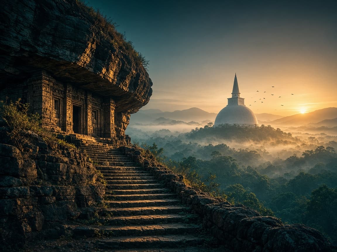 Traveller looking out over a Sri Lankan mountain temple at sunrise