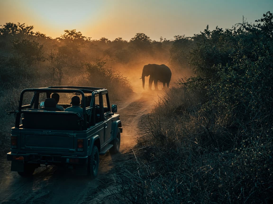 Safari jeep on a dusty track in a Sri Lankan national park